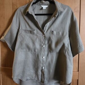 H&M Gray /Green Button-Up Blouse 100% Linen